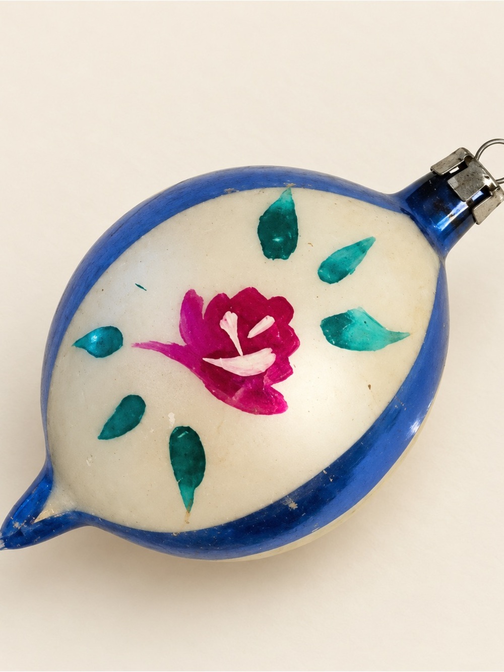 Vintage Hand-Painted Blue and White Floral Glass Ornament